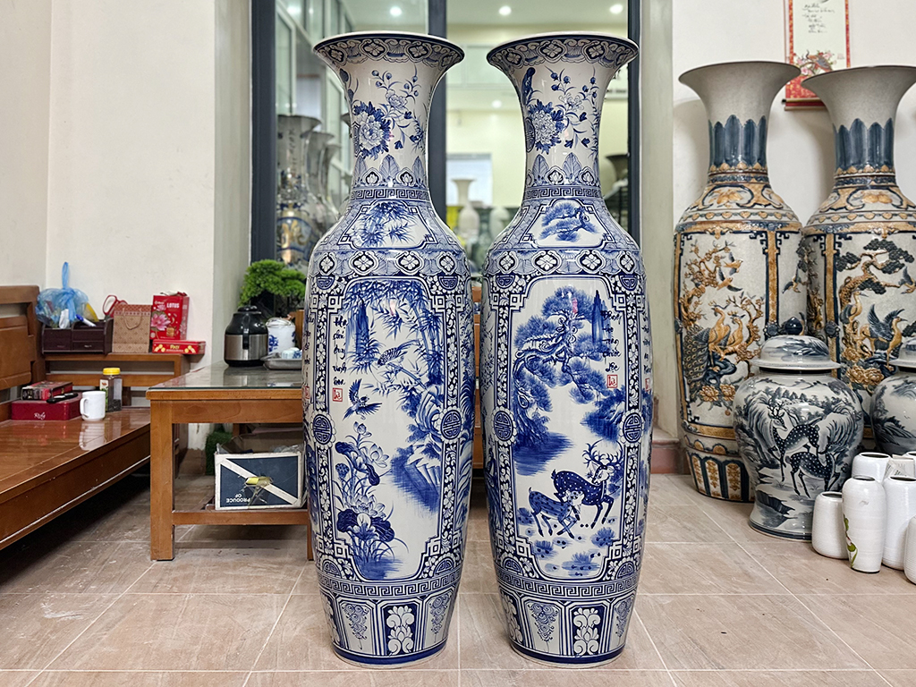 Lọ lộc bình Bát Tràng men lam Tứ quý vẽ kỹ 1m4 2